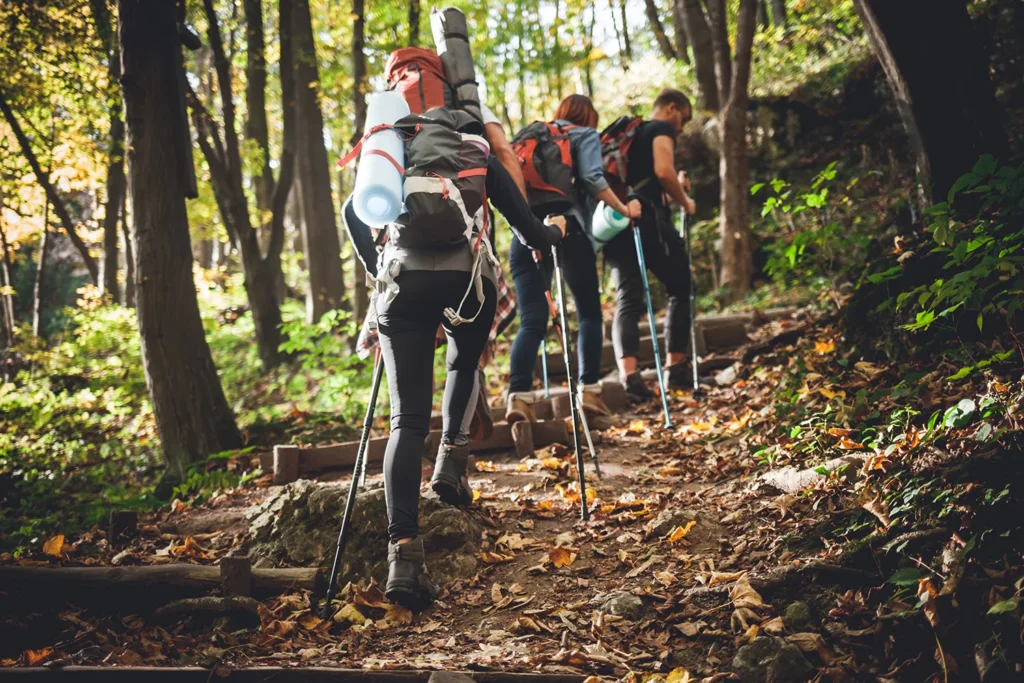 group of friends with backpacks trekking